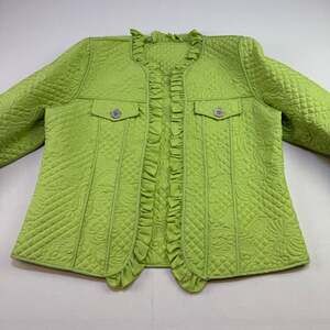 Peck & Peck Weekend Lime Green Quilted Silk Ruffle Trim Open Front Jacket